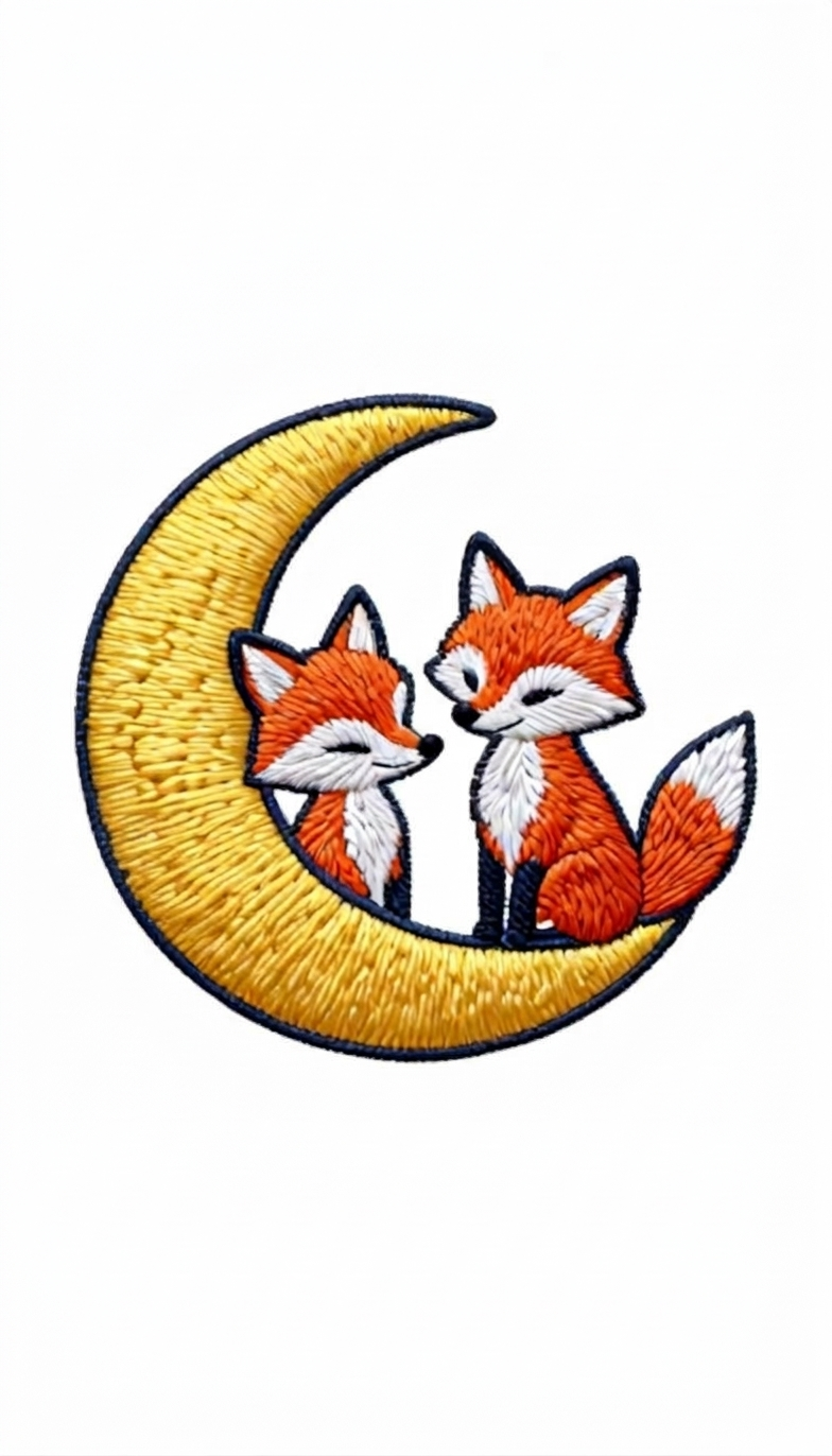 Cute Foxes on Crescent Moon Embroidered Patch, Kawaii Woodland Animal Iron-On Patch