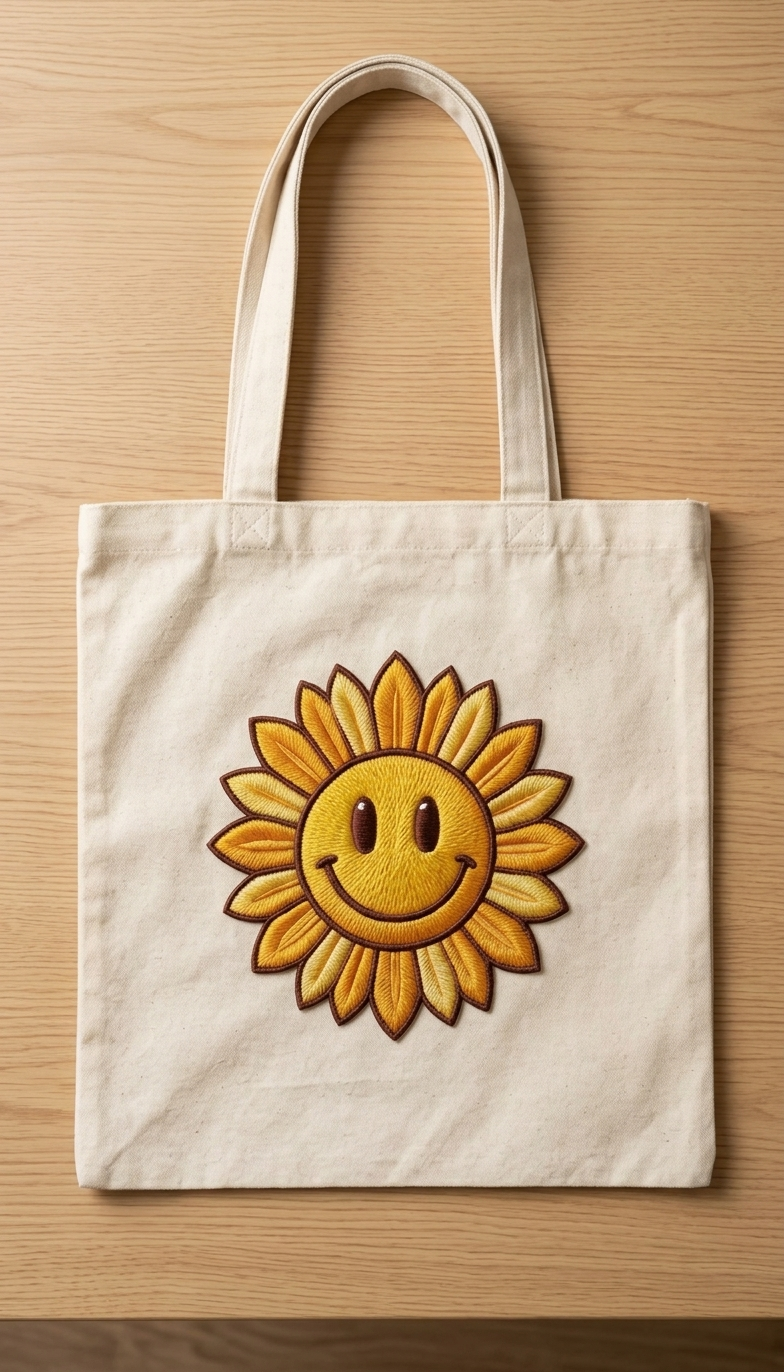 Smiley Sunflower Embroidered Patch – Iron On / Sew On Floral Patch for Jackets & Bags