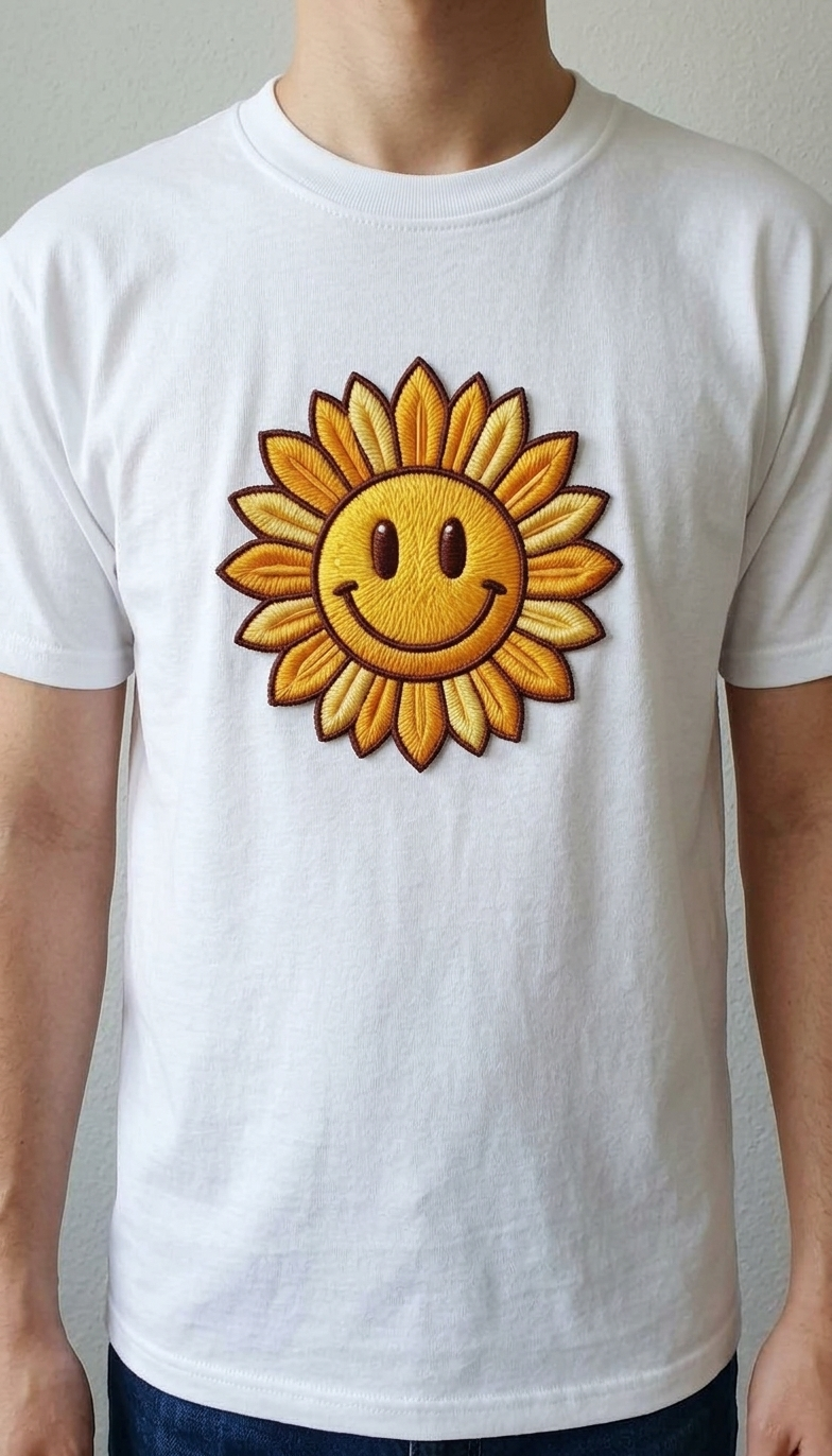 Smiley Sunflower Embroidered Patch – Iron On / Sew On Floral Patch for Jackets & Bags