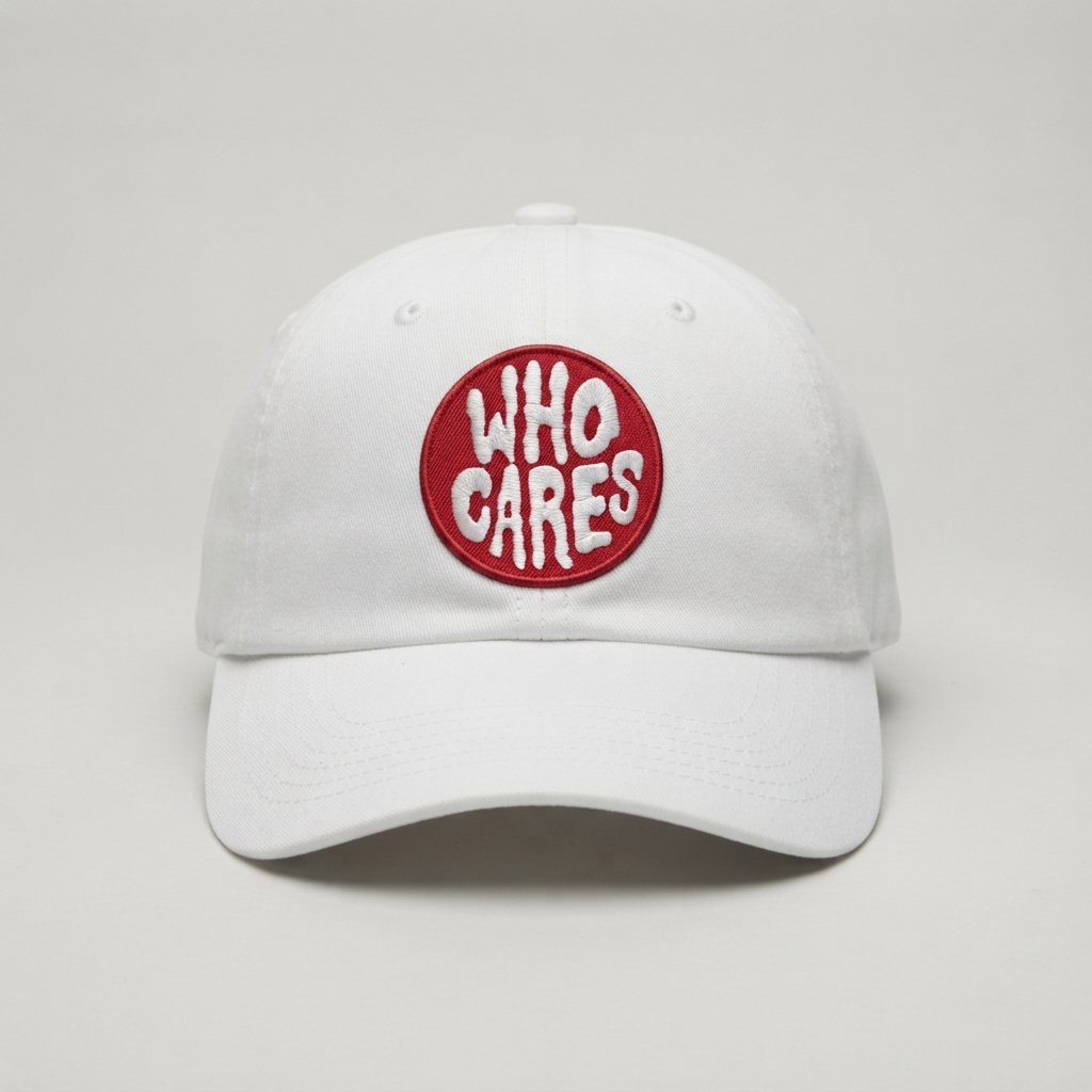 Who Cares Embroidered Patch – Funny Red & White Statement Patch, Round Embroidery Patch for Jackets, Hats, Backpacks & Clothing