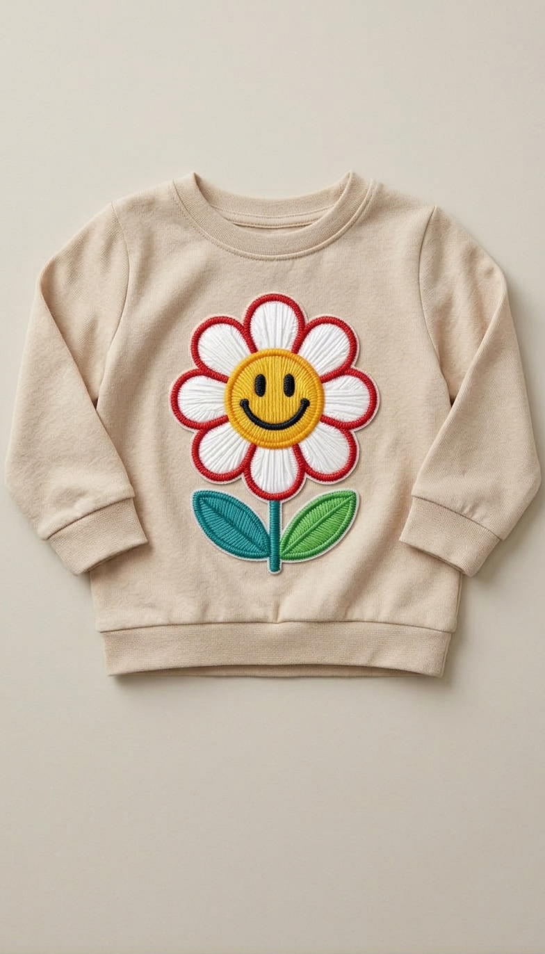 Smiley Face Daisy Flower Embroidered Patch - Retro Cute Floral Iron On / Sew On Applique for Jackets, Bags & Jeans