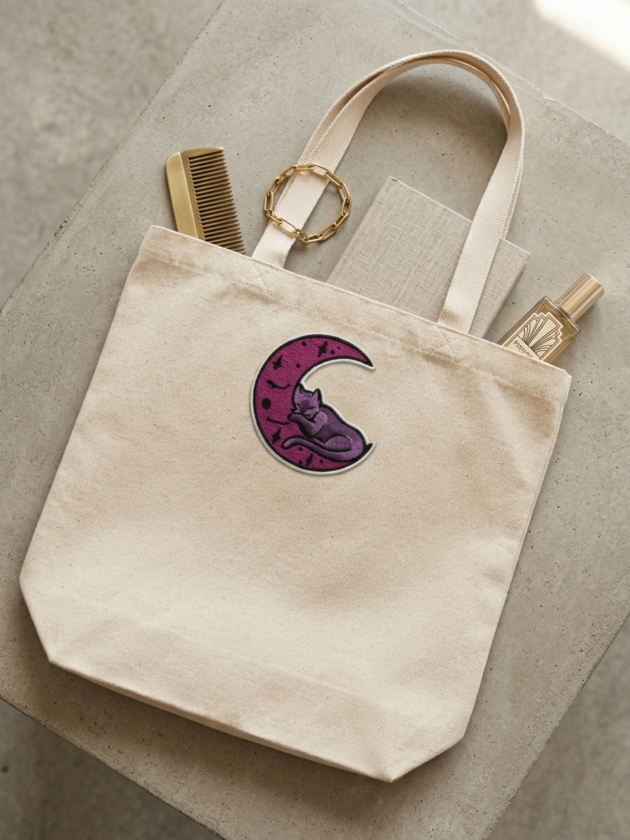 Cute Sleeping Cat Moon Embroidered Patch – Purple Crescent Moon Iron On Patch