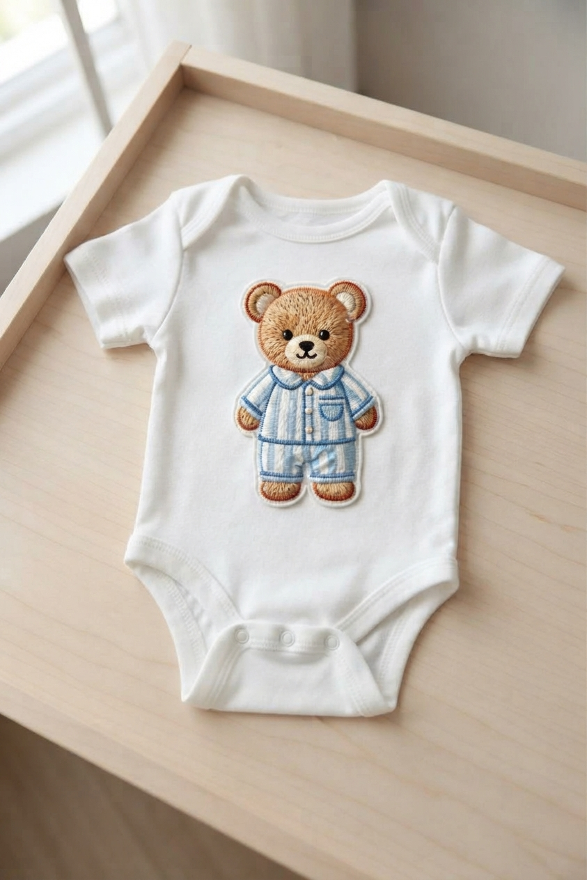 Cute Teddy Bear Embroidered Patch in Blue Pajamas, Kawaii Bear Iron On Patch, Nursery Animal Applique for Clothing, Bags & DIY Crafts