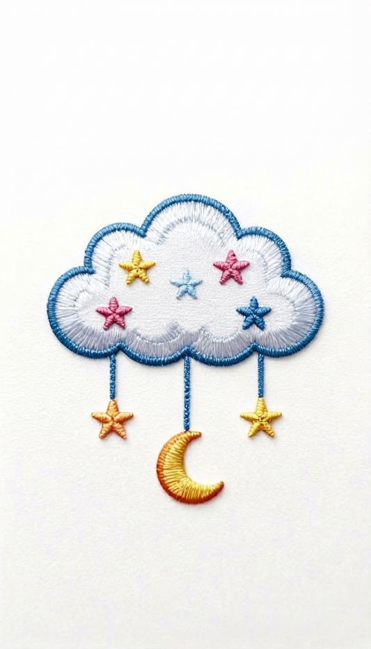 Cute Cloud Moon and Stars Embroidered Patch, Celestial Nursery Iron-On Applique