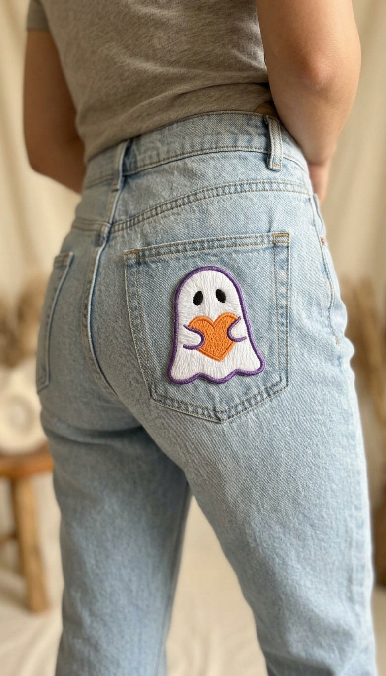 Cute Ghost Holding Orange Heart Embroidered Patch – Halloween Iron-On