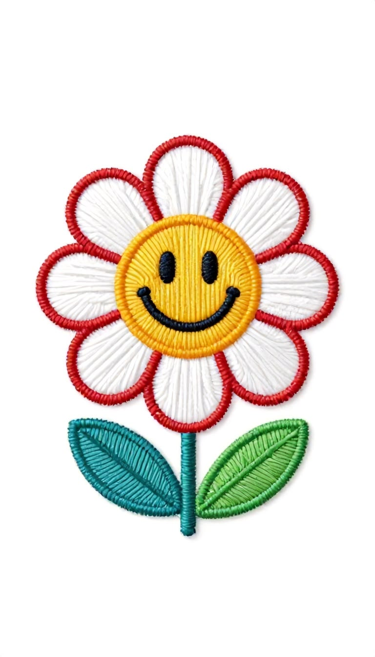 Smiley Face Daisy Flower Embroidered Patch - Retro Cute Floral Iron On / Sew On Applique for Jackets, Bags & Jeans