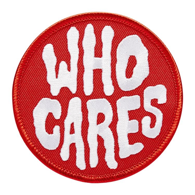 Who Cares Embroidered Patch – Funny Red & White Statement Patch, Round Embroidery Patch for Jackets, Hats, Backpacks & Clothing