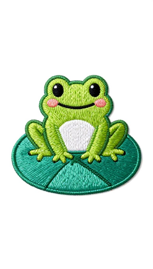 Cute Frog Embroidered Iron-On Patch, Green Frog on Lily Pad Applique for Clothing, Bags, Hats & DIY Crafts
